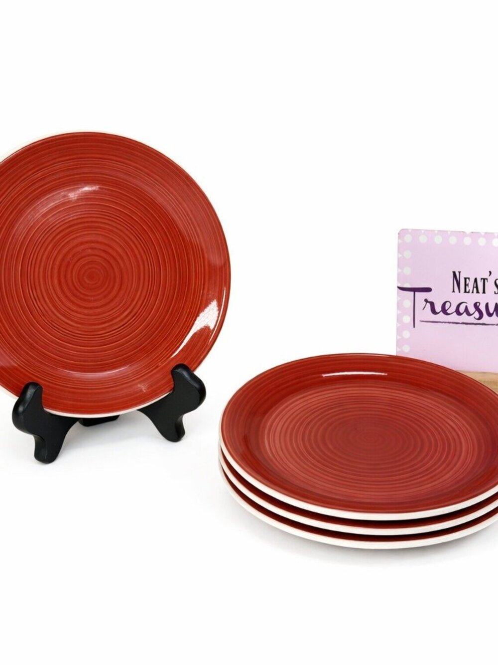 Dover & York RINGS SWIRL Circles Rust Red Stoneware Coupe Salad Plates Set of 4
